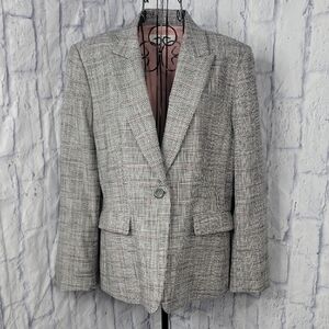 Tahari Gray/Pink Plaid One Button Lined Blazer Jacket 14 Petite
